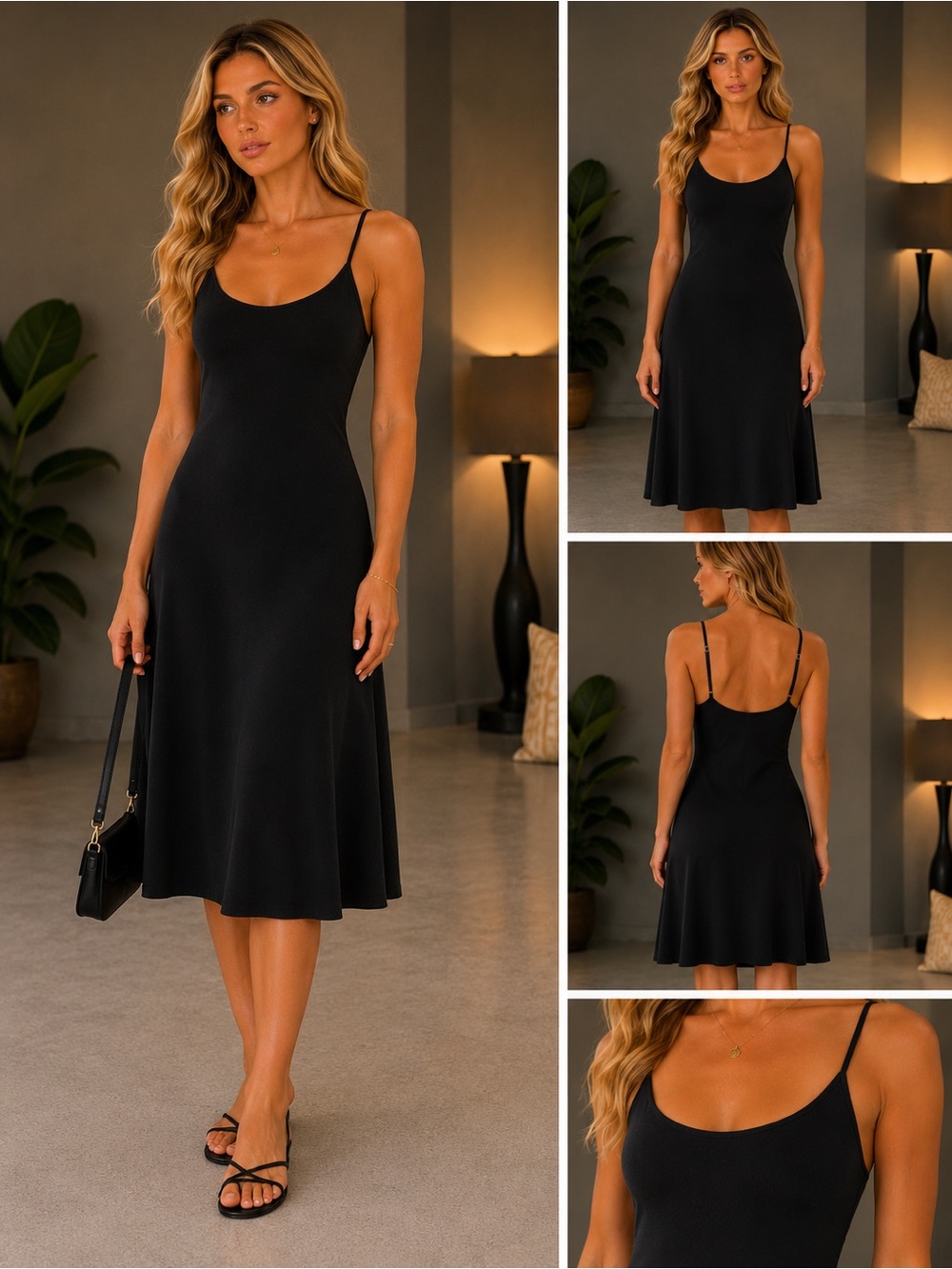 NEW CCB SKIMS Stretchy Knit Casual Loungewear Midi Dress Fit-Flare V-Neck Black